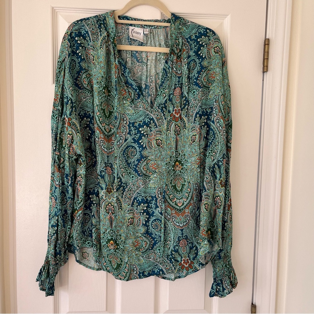 Finley Paisley Viscose Long Sleeve Blouse, Size Large, Made in USA Bohemian